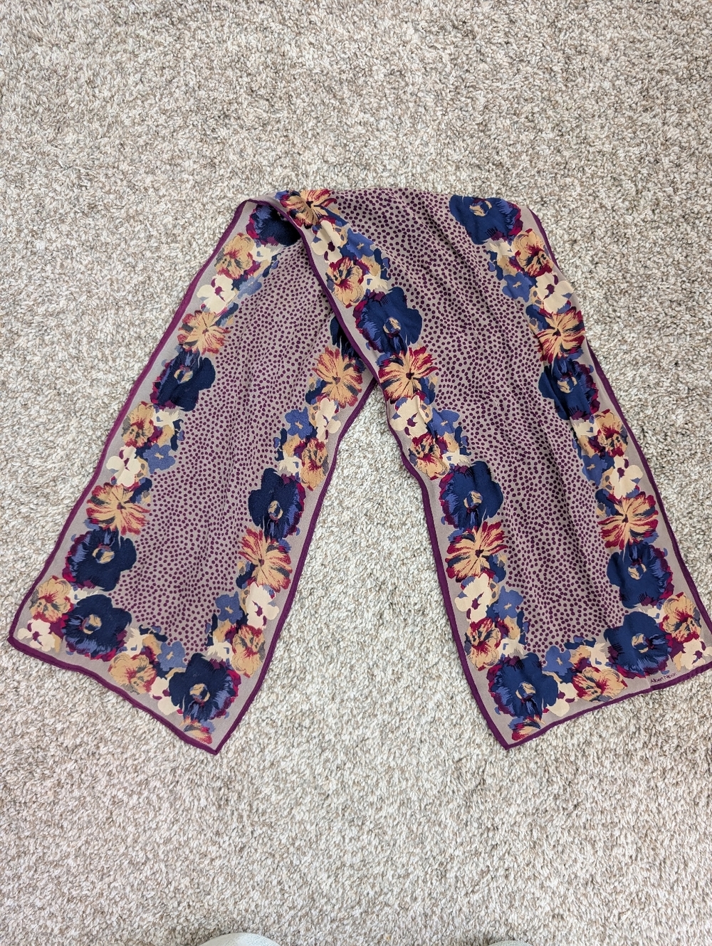 Albert Nipon Vintage Silk Purple Floral Border Lightweight Rectangle Scarf Japan